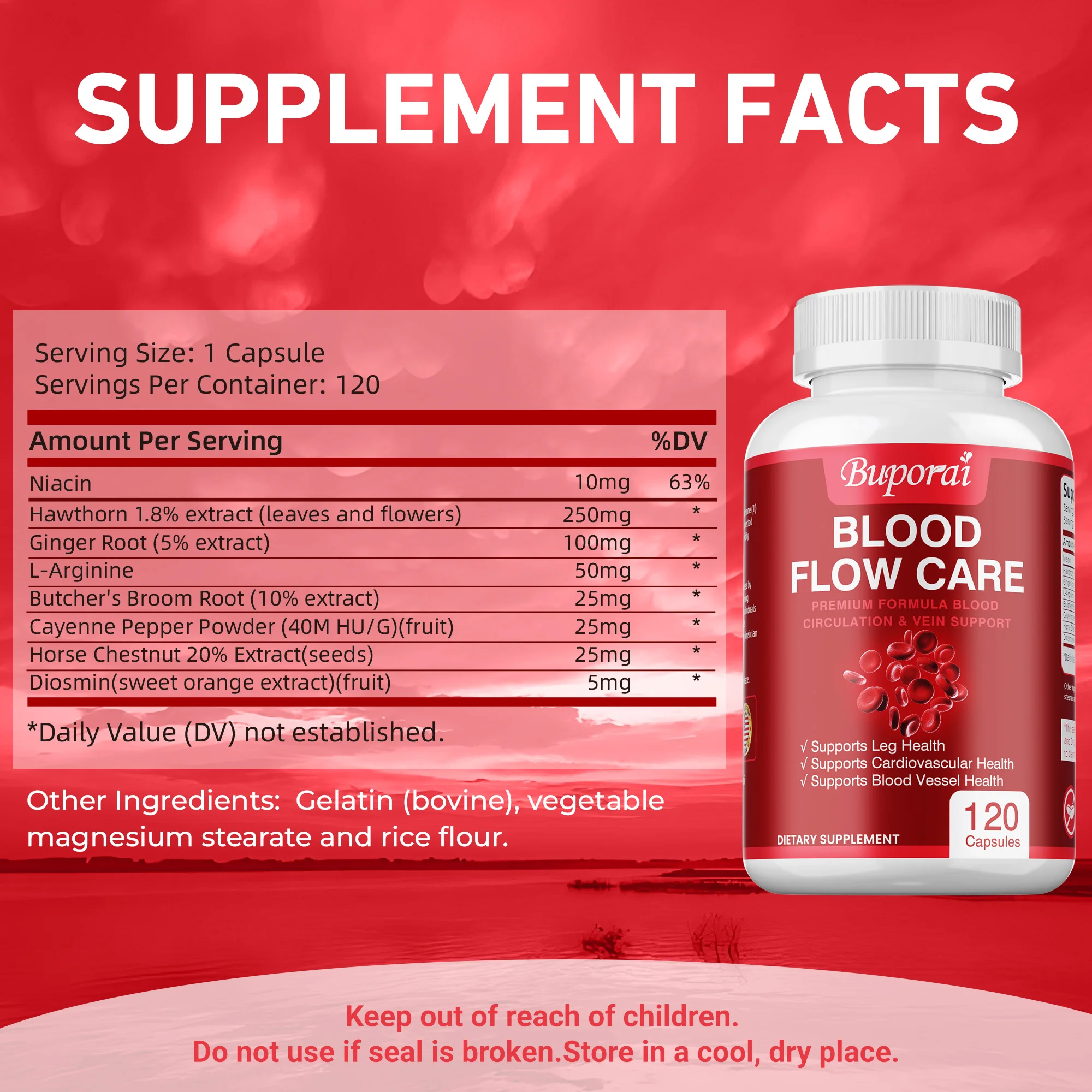 Das Durchblutungssupplement unterstützt die Herzgefäße der Beineader und die Herz-Kreislauf-Gesundheit mit Niacin, L-Arginin, Ingwer