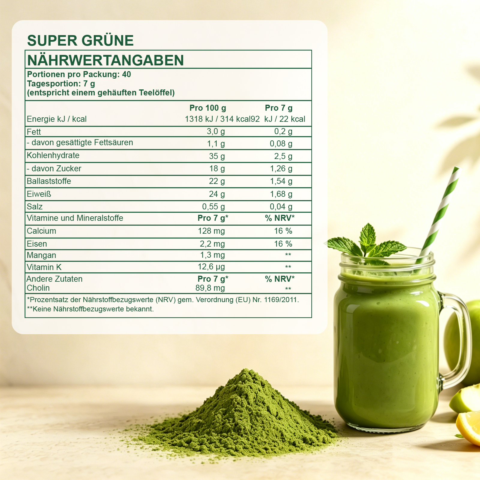 Grüne Entgiftungspulver 200g Vegan – Super Greens Pulver mit Matcha, Gerstengras, Spirulina & Chlorella, Heidelbeeren – Reich an Vitaminen, Mineralstoffen & Ballaststoffen